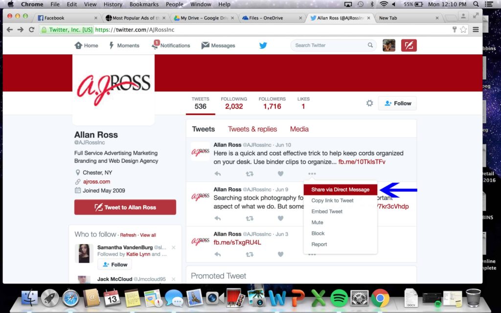 twitter share via direct message button