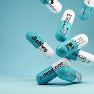 healthcare logos on pills